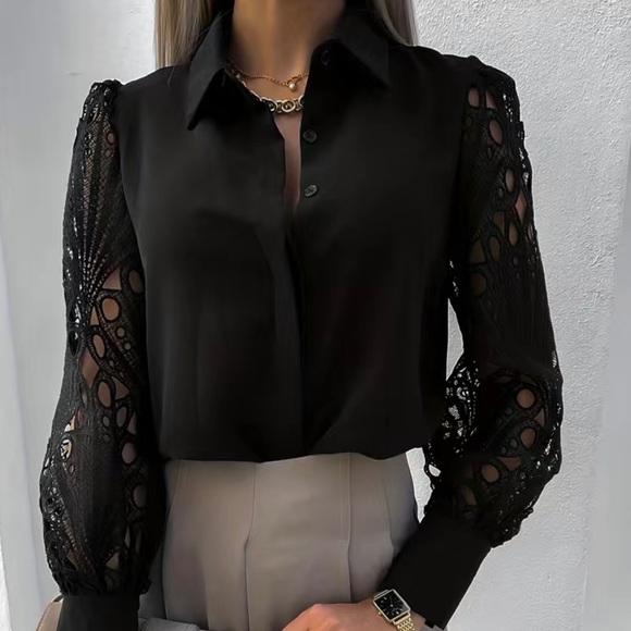 Passion of Essence Tops - Elegant Hollow Out  Solid Color Blouse Collar Long Sleeve